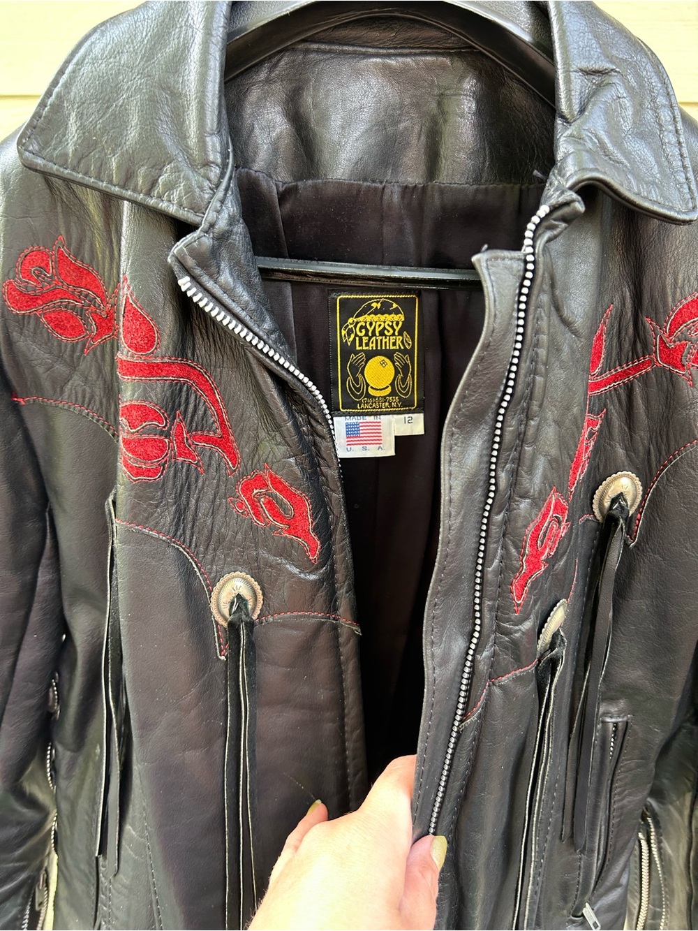 Black Leather Jacket with Red Embroidered Accents - Picture 5 of 6